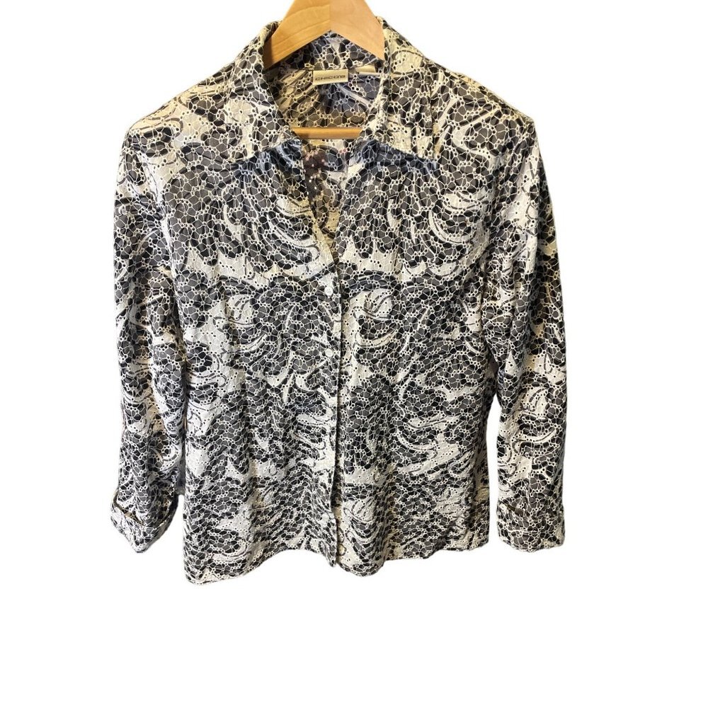 Chico's White Black Eyelet Lightweight Patterned Jacket Sz XL